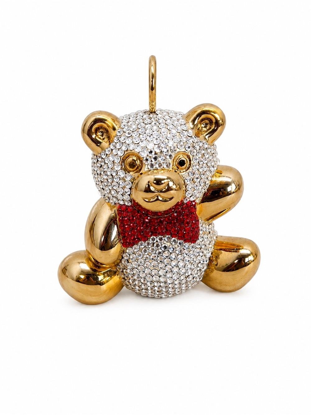 Judith Leiber Gold-Tone Crystal Teddy Bear Pendant with Red Bow